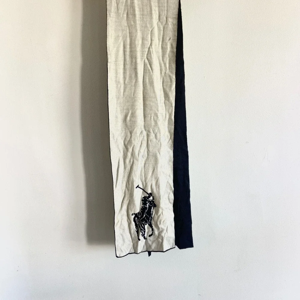 Polo Ralph Lauren Merino Wool Scarf Black Cream Big Pony Logo 9x72 Reversible